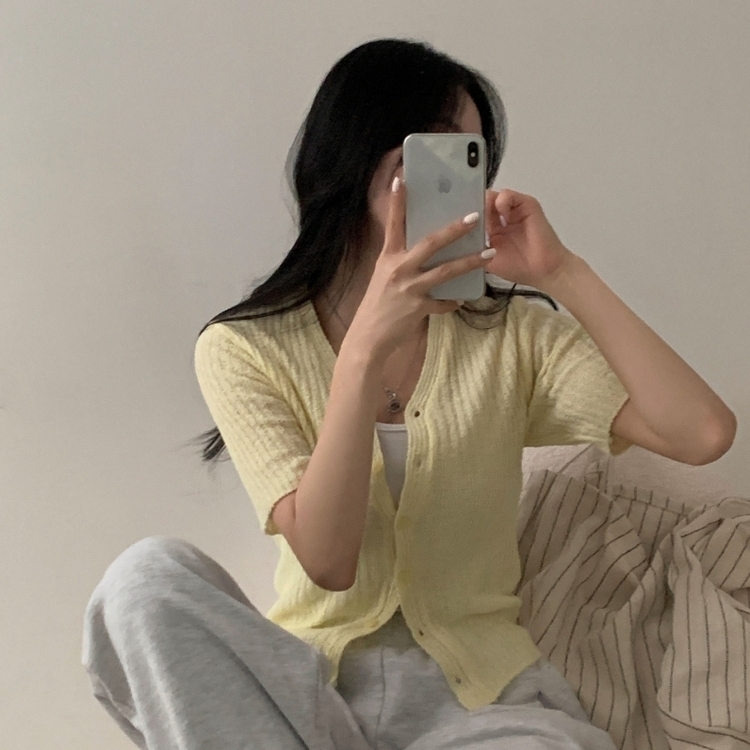 나잇 부클 린넨 세미크롭 반팔 니트가디건 9color 라임