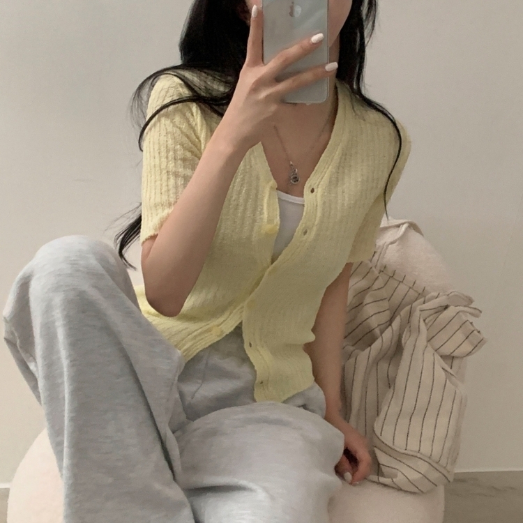 나잇 부클 린넨 세미크롭 반팔 니트가디건 9color 라임