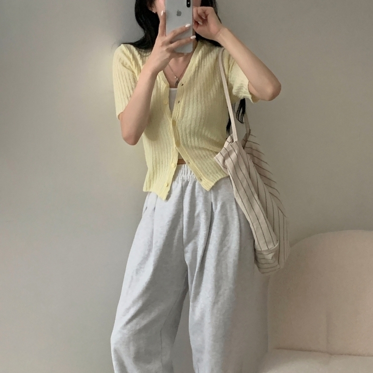 나잇 부클 린넨 세미크롭 반팔 니트가디건 9color 라임