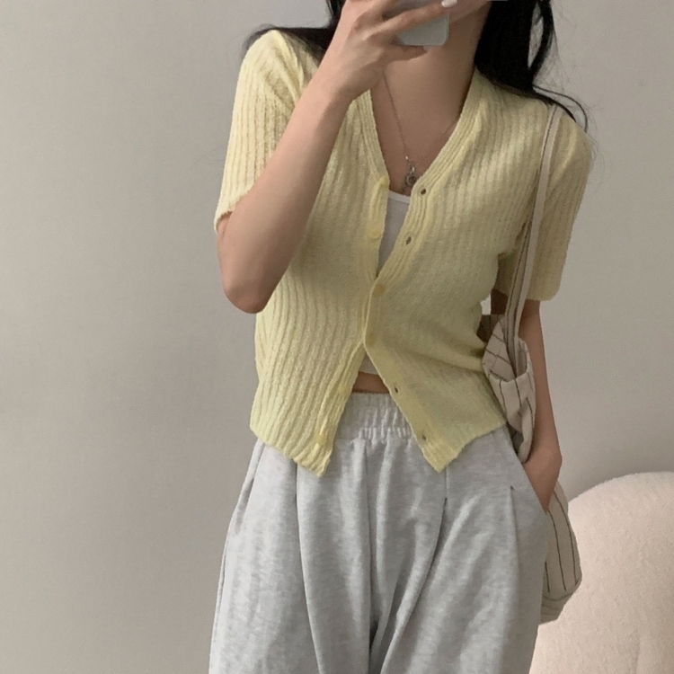 나잇 부클 린넨 세미크롭 반팔 니트가디건 9color 라임