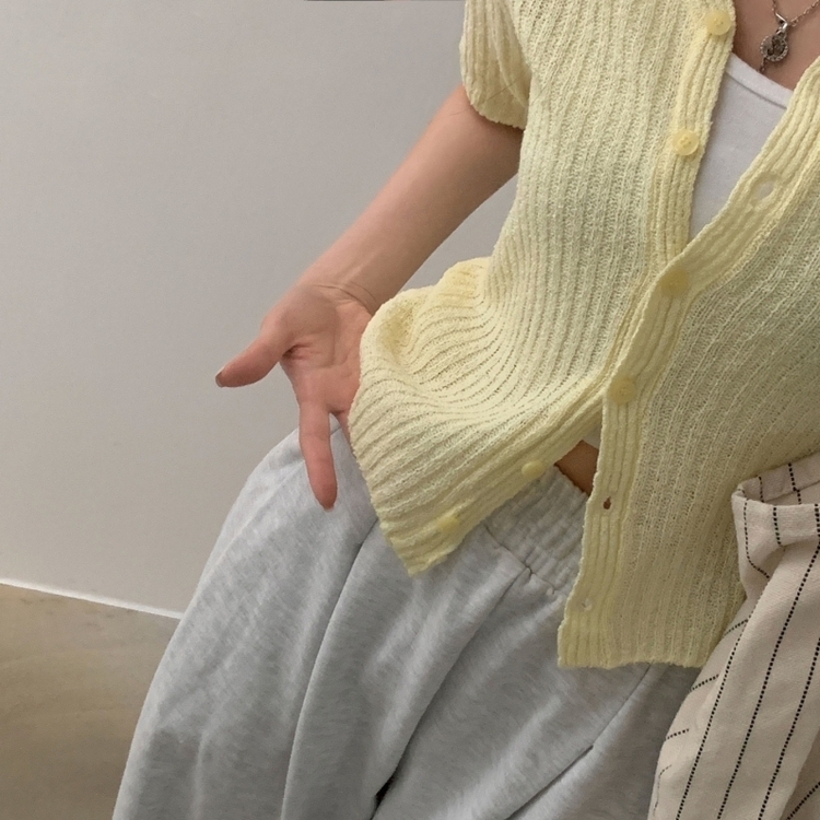 나잇 부클 린넨 세미크롭 반팔 니트가디건 9color 라임