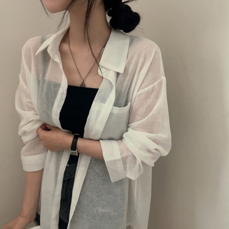 サマーシースルー無地ルーズフィットシャツ IVORY