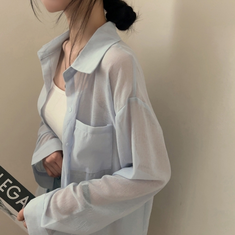 サマーシースルー無地ルーズフィットシャツ SKY BLUE