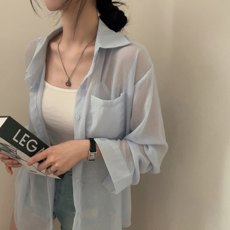 サマーシースルー無地ルーズフィットシャツ SKY BLUE