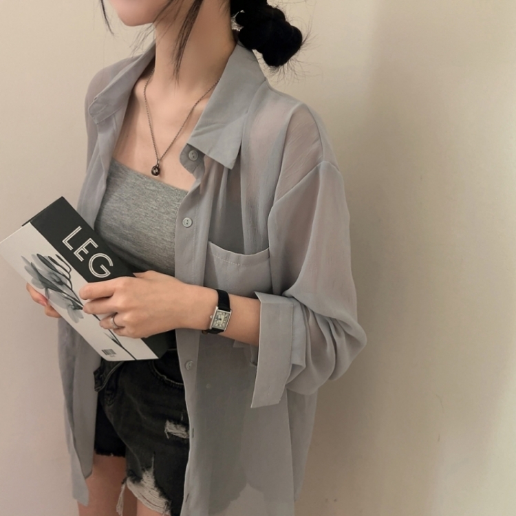 サマーシースルー無地ルーズフィットシャツ GRAY