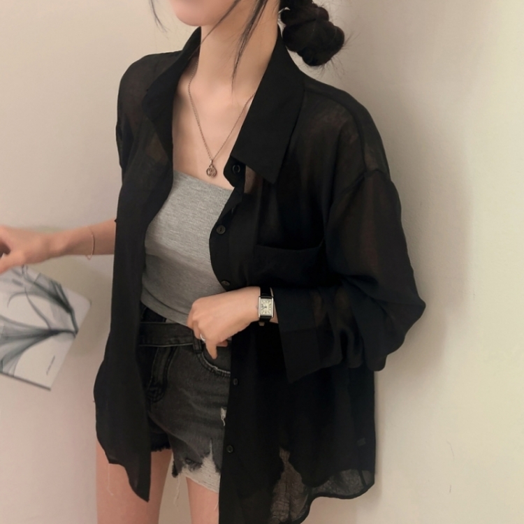 サマーシースルー無地ルーズフィットシャツ BLACK