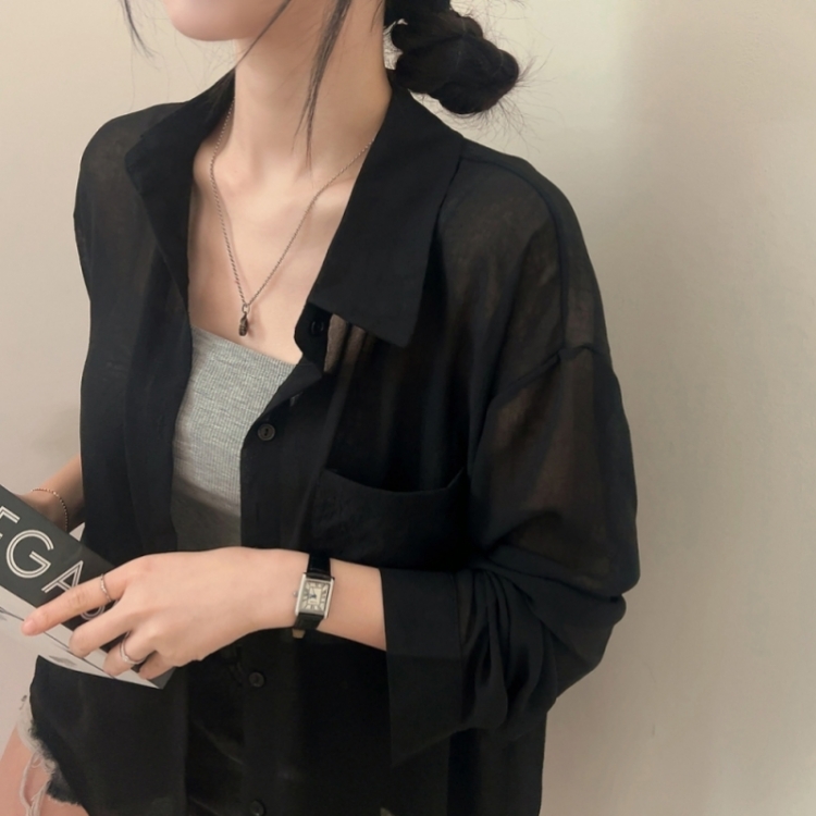 サマーシースルー無地ルーズフィットシャツ BLACK