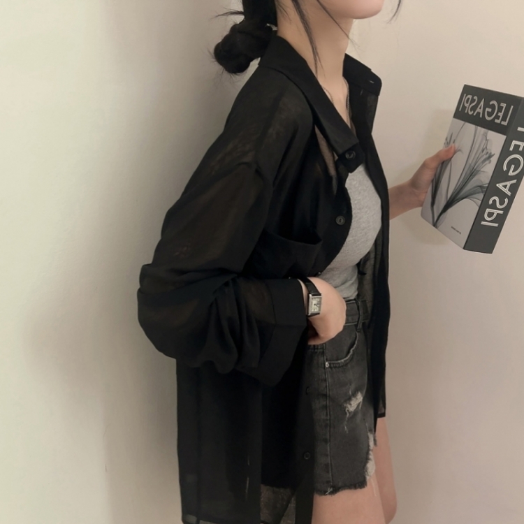 サマーシースルー無地ルーズフィットシャツ BLACK