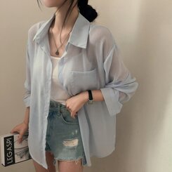 サマーシースルー無地ルーズフィットシャツ SKY BLUE