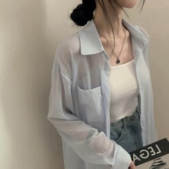 サマーシースルー無地ルーズフィットシャツ SKY BLUE