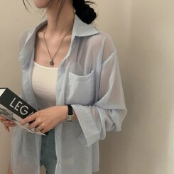 サマーシースルー無地ルーズフィットシャツ SKY BLUE