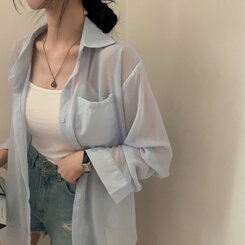 サマーシースルー無地ルーズフィットシャツ SKY BLUE