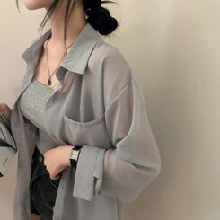 サマーシースルー無地ルーズフィットシャツ GRAY