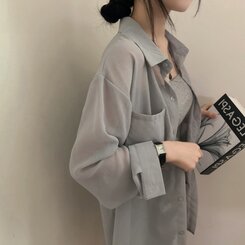 サマーシースルー無地ルーズフィットシャツ GRAY