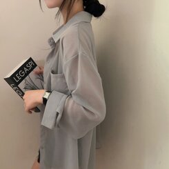 サマーシースルー無地ルーズフィットシャツ GRAY