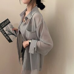 サマーシースルー無地ルーズフィットシャツ GRAY