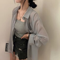 サマーシースルー無地ルーズフィットシャツ GRAY