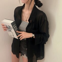 サマーシースルー無地ルーズフィットシャツ BLACK