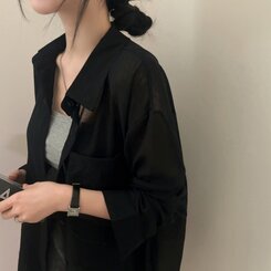 サマーシースルー無地ルーズフィットシャツ BLACK