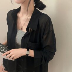 サマーシースルー無地ルーズフィットシャツ BLACK