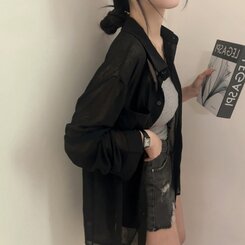 サマーシースルー無地ルーズフィットシャツ BLACK