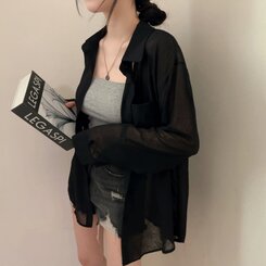 サマーシースルー無地ルーズフィットシャツ BLACK
