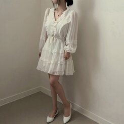 シフォンフリル長袖Vネックミニワンピース｜ミニワンピース｜韓国