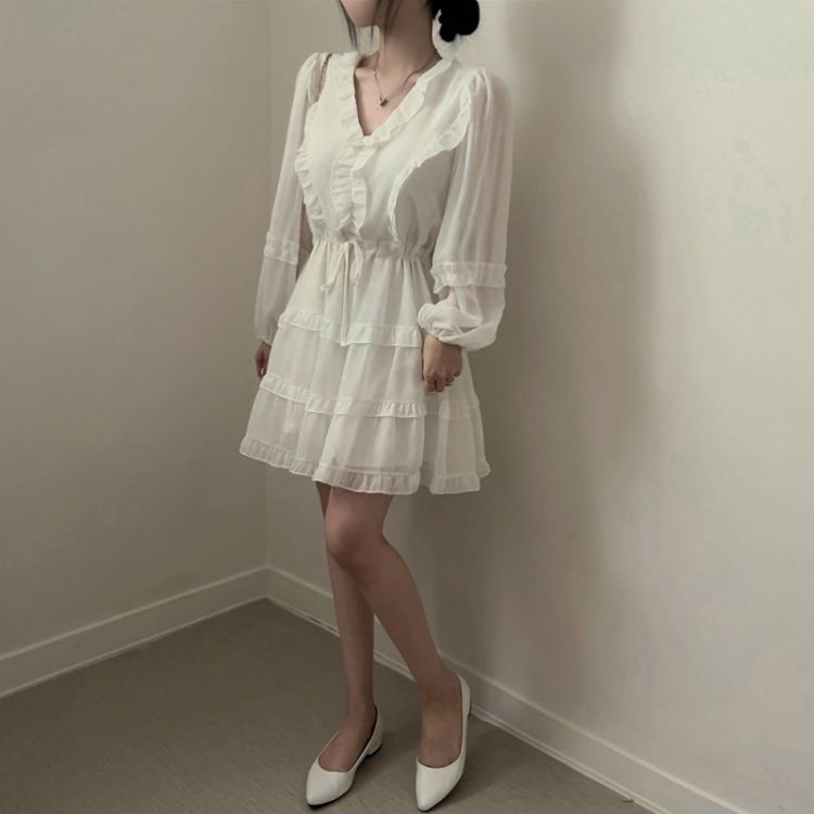 シフォンフリル長袖Vネックミニワンピース｜ミニワンピース