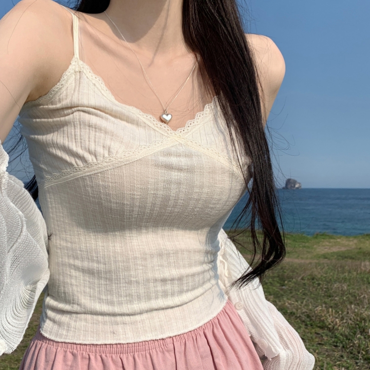 크림비 레이어드 슬림 끈조절 레이스 나시 슬리브리스 여름 썸머 바캉스룩 화이트