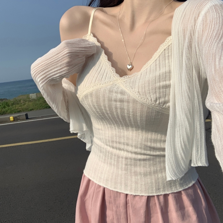 크림비 레이어드 슬림 끈조절 레이스 나시 슬리브리스 여름 썸머 바캉스룩 화이트