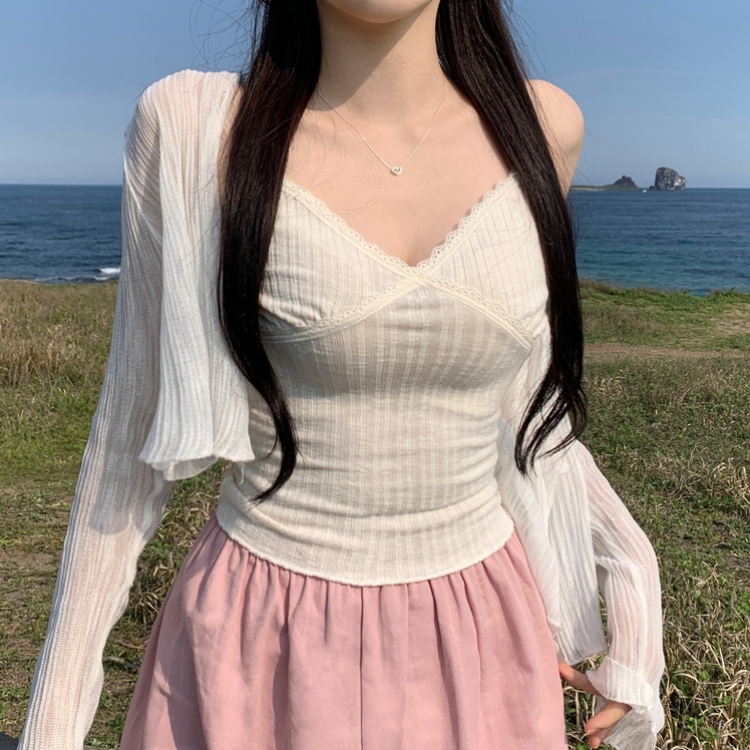 크림비 레이어드 슬림 끈조절 레이스 나시 슬리브리스 여름 썸머 바캉스룩 화이트