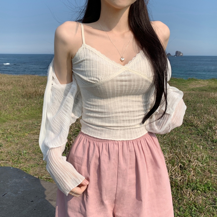 크림비 레이어드 슬림 끈조절 레이스 나시 슬리브리스 여름 썸머 바캉스룩 화이트