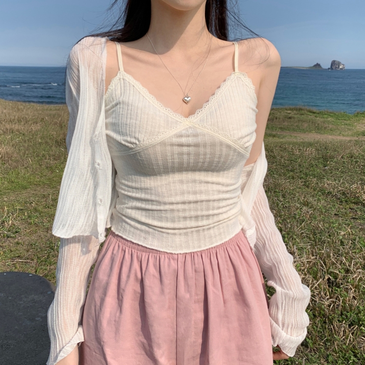 크림비 레이어드 슬림 끈조절 레이스 나시 슬리브리스 여름 썸머 바캉스룩 화이트