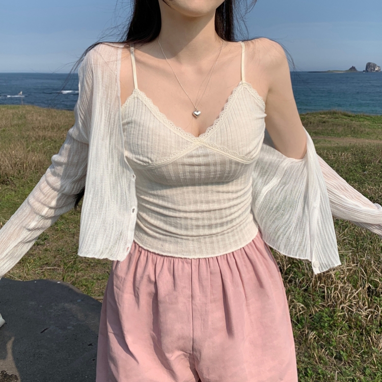 크림비 레이어드 슬림 끈조절 레이스 나시 슬리브리스 여름 썸머 바캉스룩 화이트