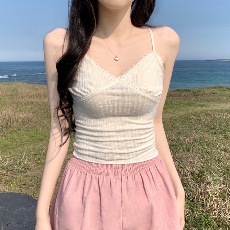 크림비 레이어드 슬림 끈조절 레이스 나시 슬리브리스 여름 썸머 바캉스룩 화이트