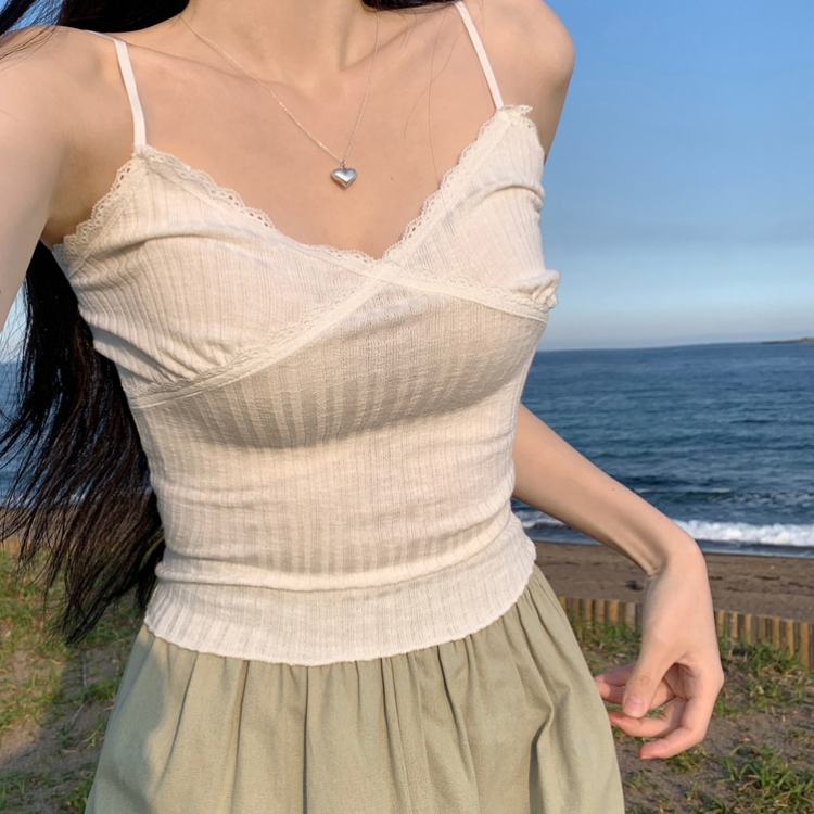 크림비 레이어드 슬림 끈조절 레이스 나시 슬리브리스 여름 썸머 바캉스룩 화이트