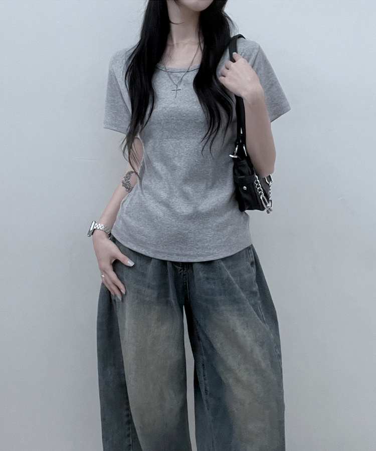 11할인체형커버랍빠유넥라운드여유핏반팔티 그레이