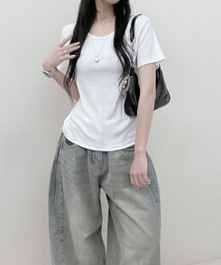 Uネックラウンドフィット半袖Tシャツ6色 IVORY