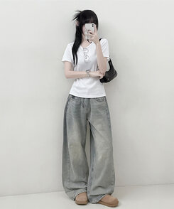 Uネックラウンドフィット半袖Tシャツ6色 IVORY