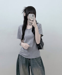 Uネックラウンドフィット半袖Tシャツ6色 GRAY