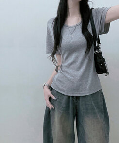 Uネックラウンドフィット半袖Tシャツ6色 GRAY