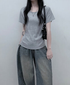 Uネックラウンドフィット半袖Tシャツ6色 GRAY