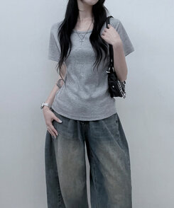 Uネックラウンドフィット半袖Tシャツ6色 GRAY