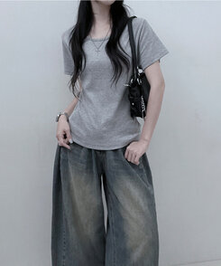 Uネックラウンドフィット半袖Tシャツ6色 GRAY