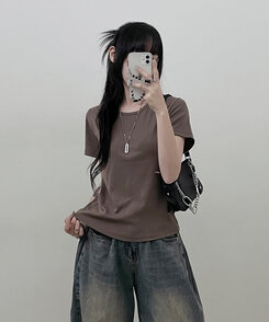 Uネックラウンドフィット半袖Tシャツ6色 KHAKI