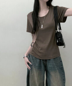 Uネックラウンドフィット半袖Tシャツ6色 KHAKI