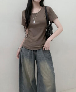 Uネックラウンドフィット半袖Tシャツ6色 KHAKI