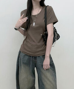 Uネックラウンドフィット半袖Tシャツ6色 KHAKI