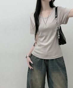 Uネックラウンドフィット半袖Tシャツ6色 BEIGE