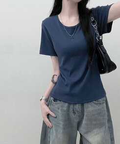 Uネックラウンドフィット半袖Tシャツ6色 NAVY